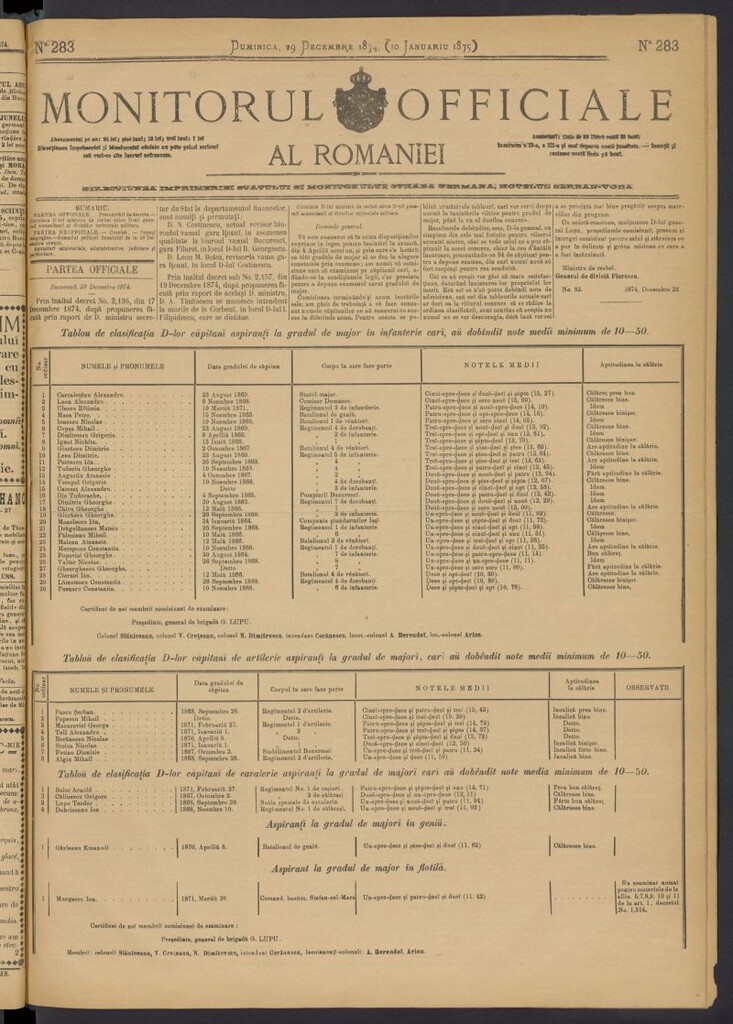 Miniatura de Monitorul Officiale al Romaniei del 29 de diciembre de 1874, nº 283