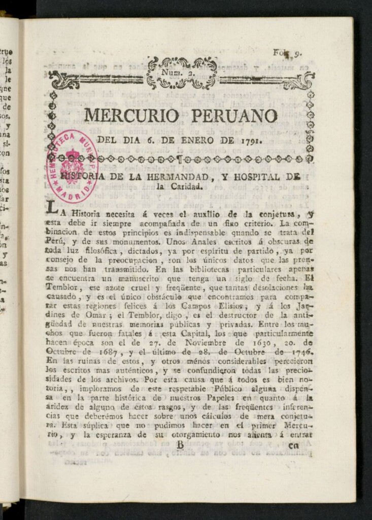 Miniatura de Mercurio Peruano de Historia, Literatura y Noticias Públicas del 6 de enero de 1791
