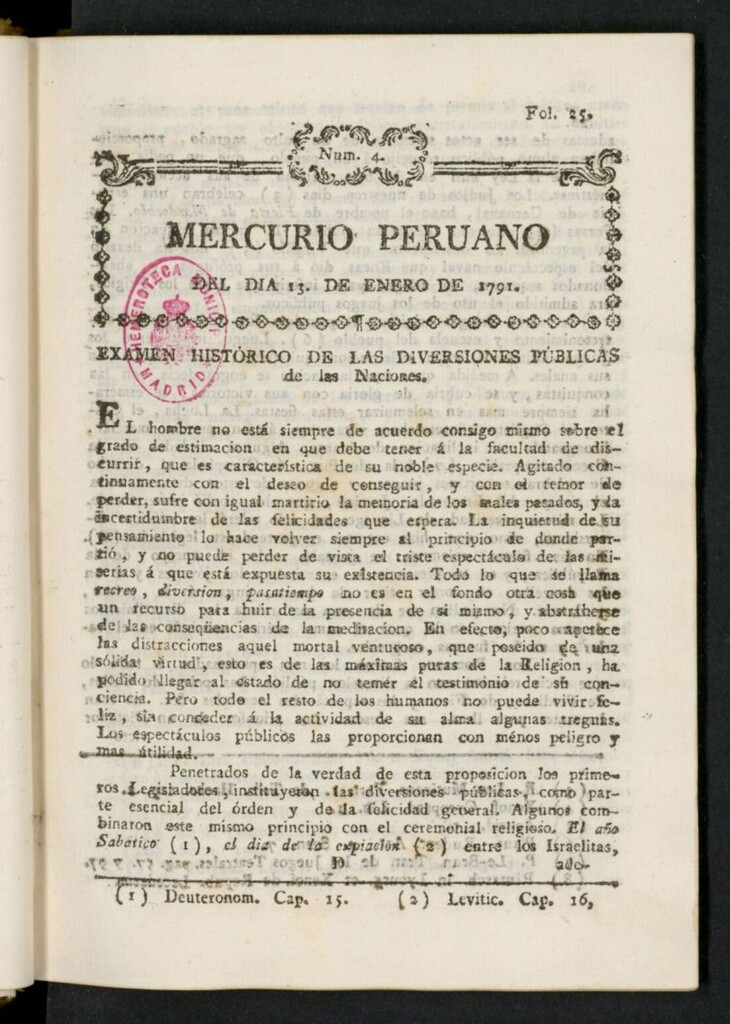 Miniatura de Mercurio Peruano de Historia, Literatura y Noticias Públicas del 13 de enero de 1791
