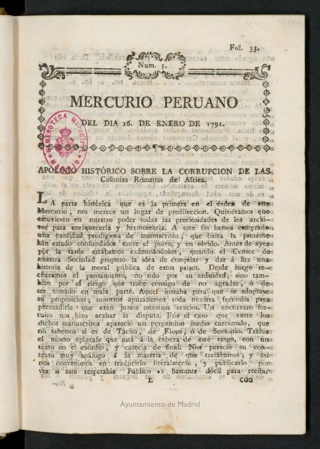 Miniatura de Mercurio Peruano de Historia, Literatura y Noticias Públicas del 16 de enero de 1791