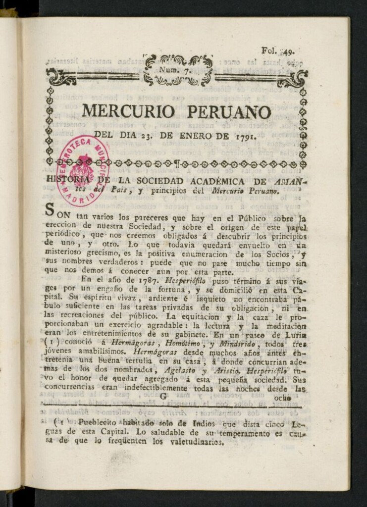 Miniatura de Mercurio Peruano de Historia, Literatura y Noticias Públicas del 23 de enero de 1791