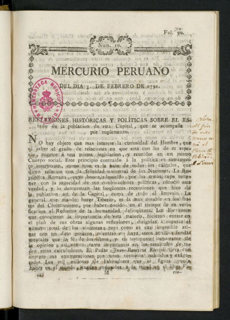 Miniatura de Mercurio Peruano de Historia, Literatura y Noticias Públicasdel 3 de febrero de 1791