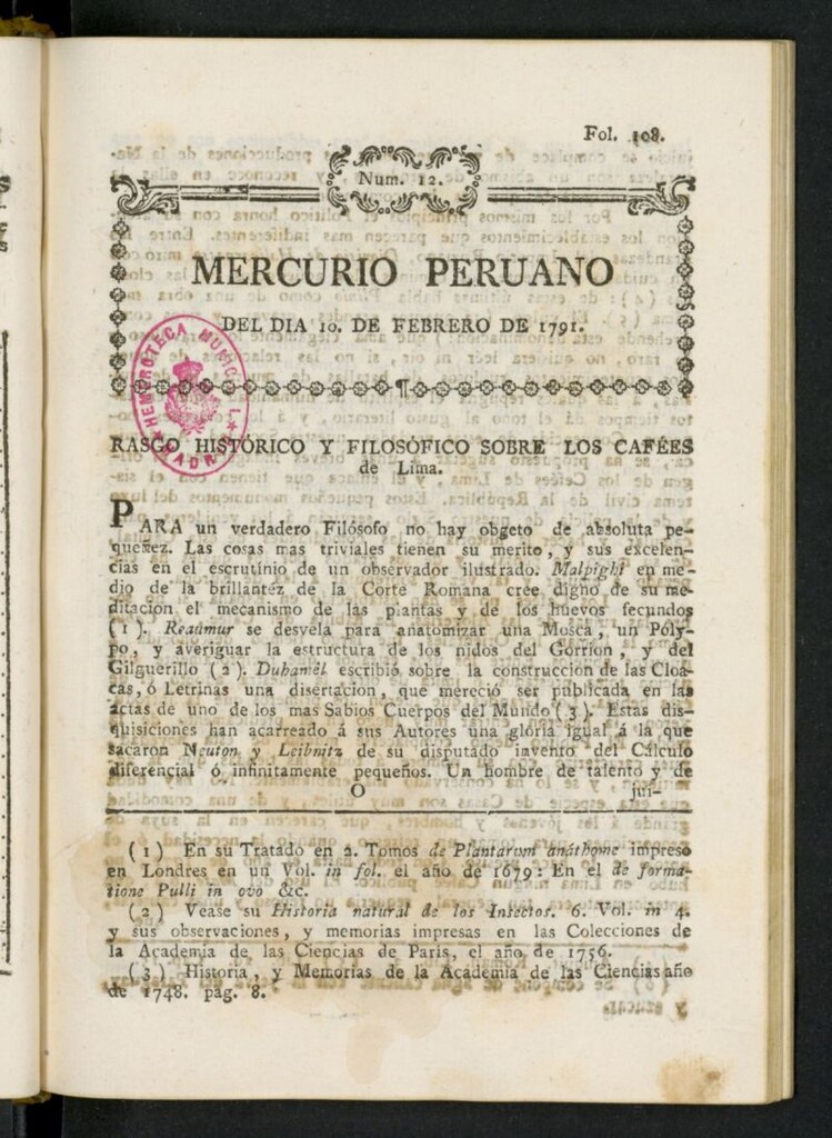 Miniatura de Mercurio Peruano de Historia, Literatura y Noticias Públicas del 10 de febrero de 1791