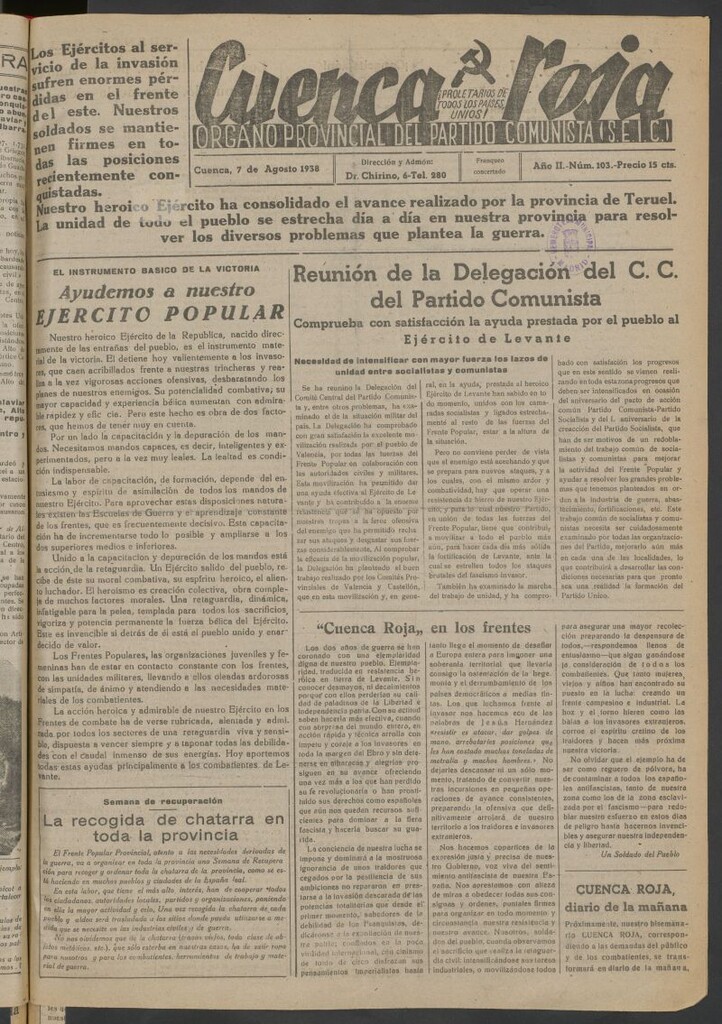 Miniatura de Cuenca Roja : órgano del Partido Comunista del 7 de agosto de 1938