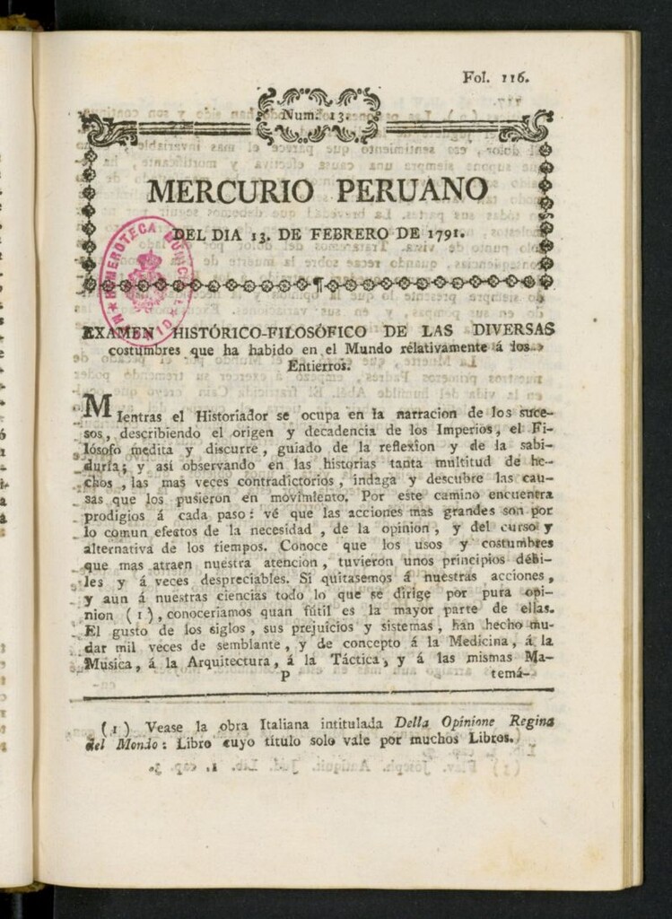 Miniatura de Mercurio Peruano de Historia, Literatura y Noticias Públicas del 13 de febrero de 1791