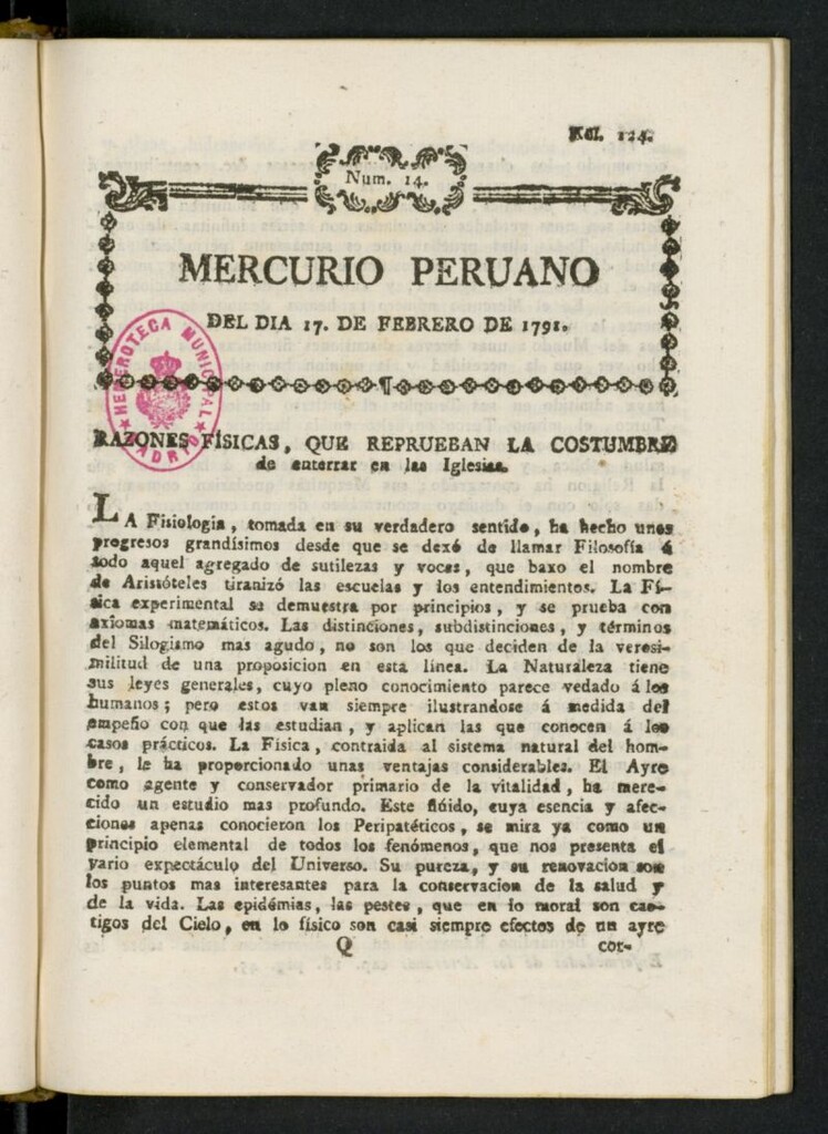 Miniatura de Mercurio Peruano de Historia, Literatura y Noticias Públicas del 17 de febrero de 1791