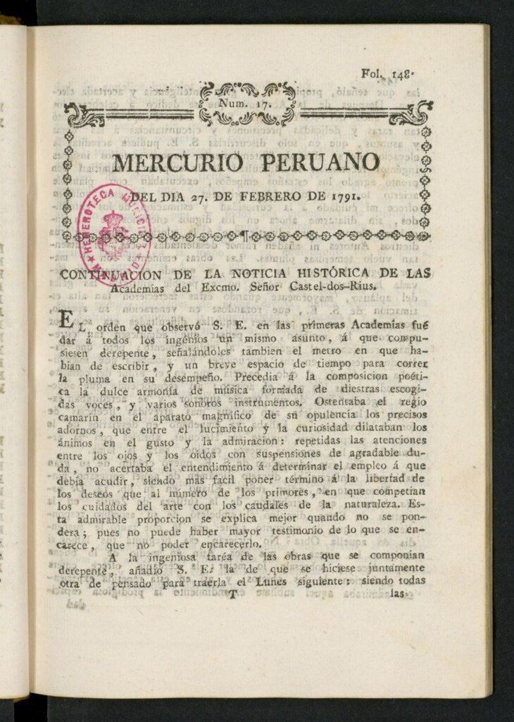 Miniatura de Mercurio Peruano de Historia, Literatura y Noticias Públicas del 27 de febrero de 1791
