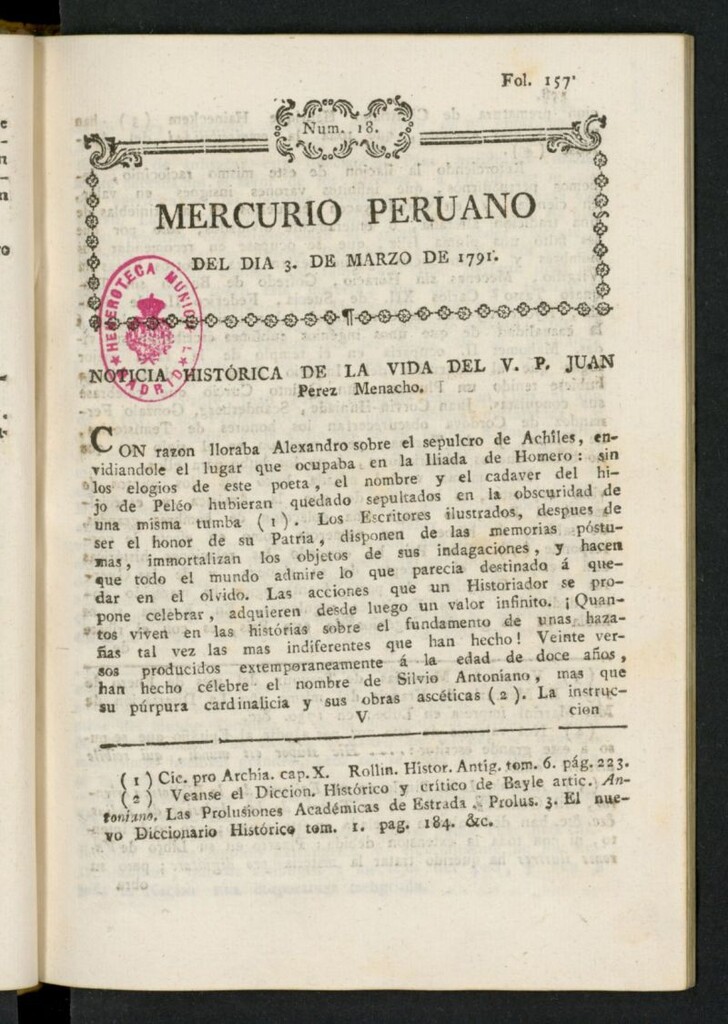 Miniatura de Mercurio Peruano de Historia, Literatura y Noticias Públicas del 3 de marzo de 1791