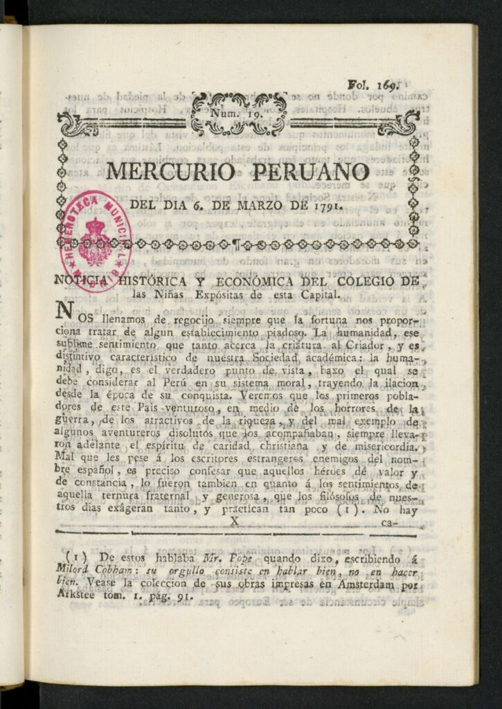 Miniatura de Mercurio Peruano de Historia, Literatura y Noticias Públicas del 6 de marzo de 1791