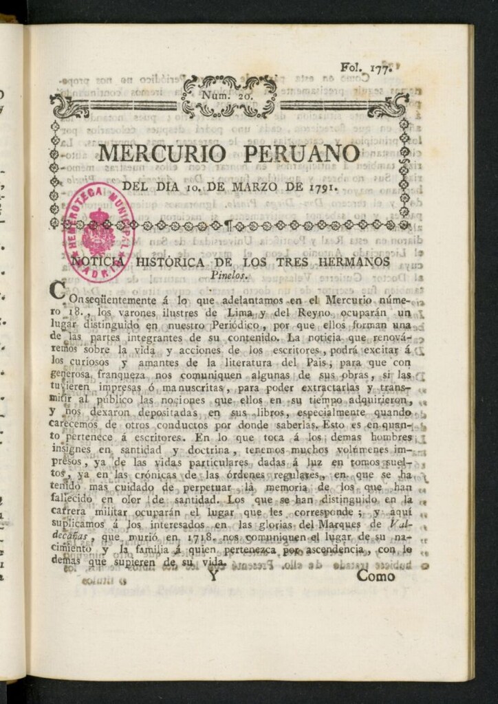 Miniatura de Mercurio Peruano de Historia, Literatura y Noticias Públicas del 10 de marzo de 1791