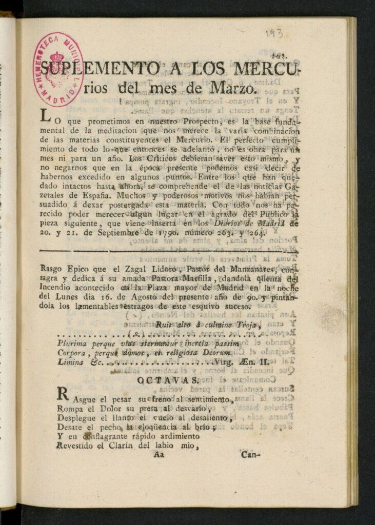 Miniatura de Mercurio Peruano de Historia, Literatura y Noticias Públicas de marzo de 1791, suplemento