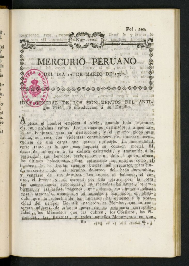 Miniatura de Mercurio Peruano de Historia, Literatura y Noticias Públicas del 17 de marzo de 1791