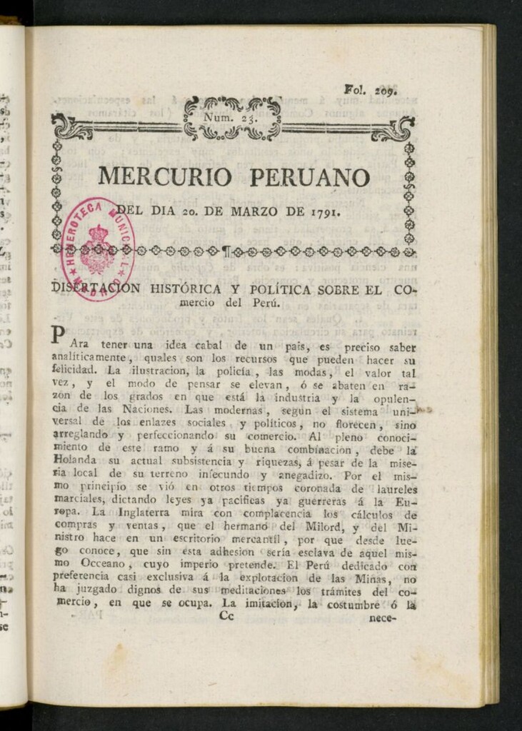 Miniatura de Mercurio Peruano de Historia, Literatura y Noticias Públicas del 20 de marzo de 1791