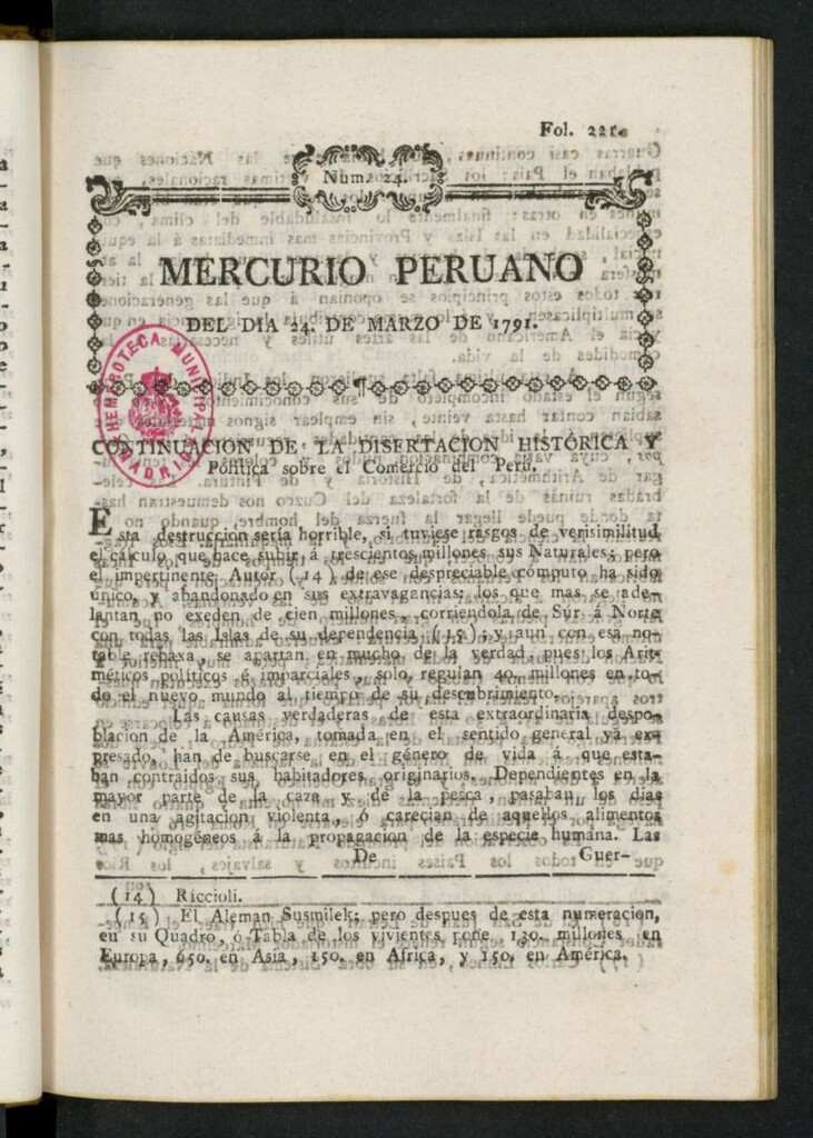 Miniatura de Mercurio Peruano de Historia, Literatura y Noticias Públicas del 24 de marzo de 1791