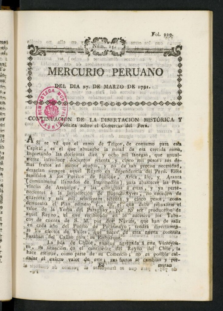 Miniatura de Mercurio Peruano de Historia, Literatura y Noticias Públicas del 27 de marzo de 1791