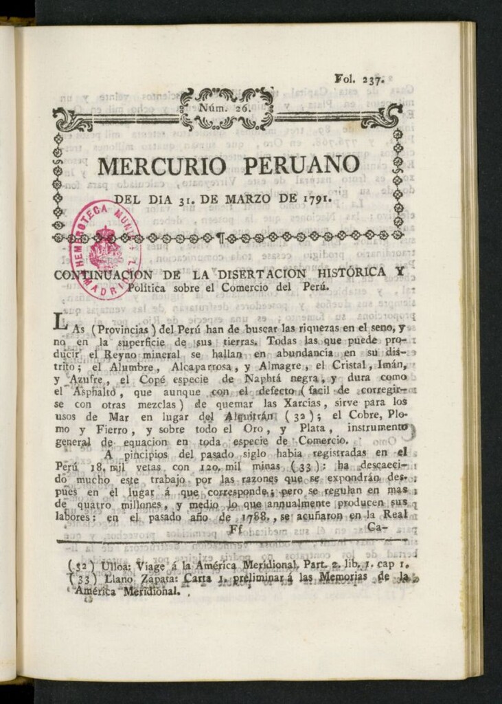 Miniatura de Mercurio Peruano de Historia, Literatura y Noticias Públicas del 31 de marzo de 1791