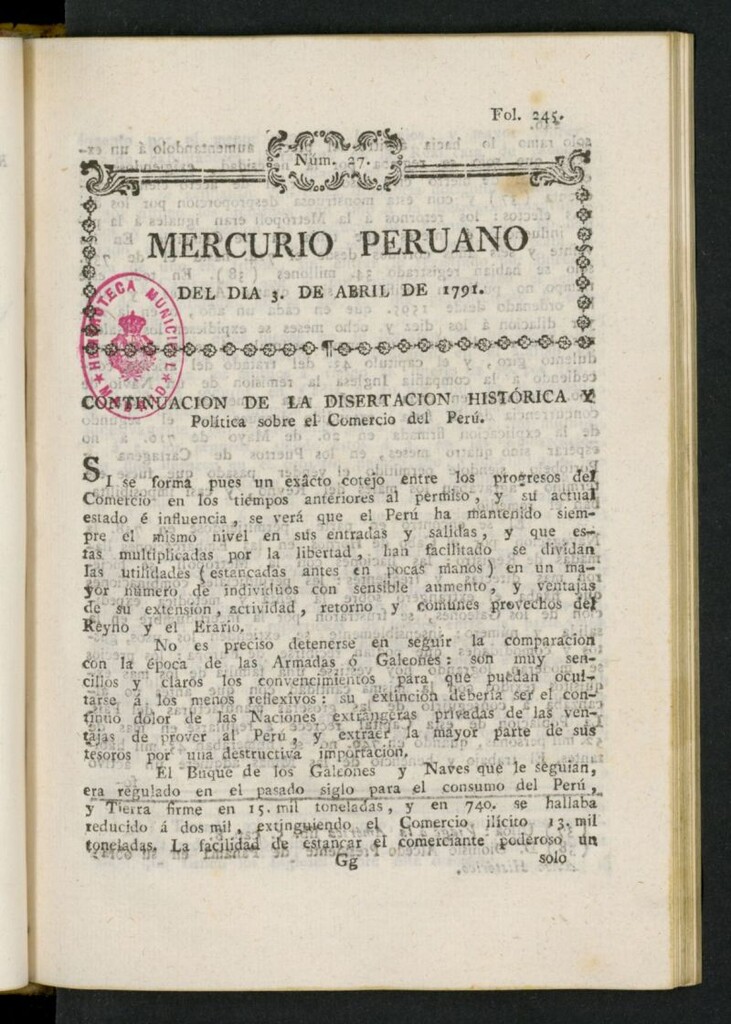 Miniatura de Mercurio Peruano de Historia, Literatura y Noticias Públicas del 3 de abril de 1791