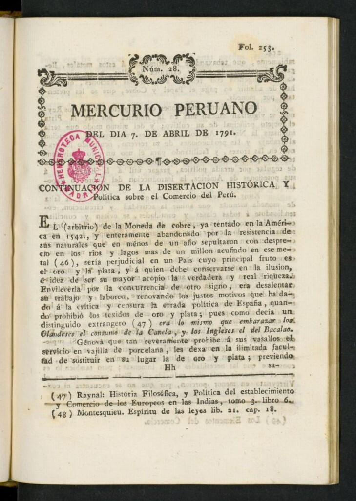 Miniatura de Mercurio Peruano de Historia, Literatura y Noticias Públicas del 7 de abril de 1791