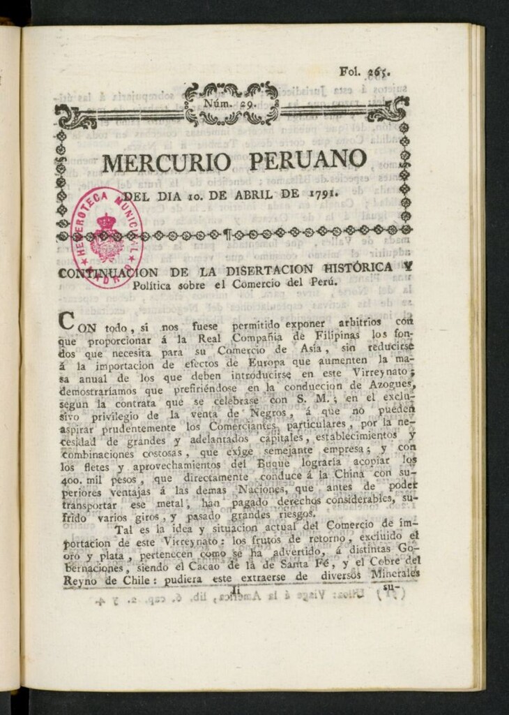 Miniatura de Mercurio Peruano de Historia, Literatura y Noticias Públicas del 10 de abril de 1791
