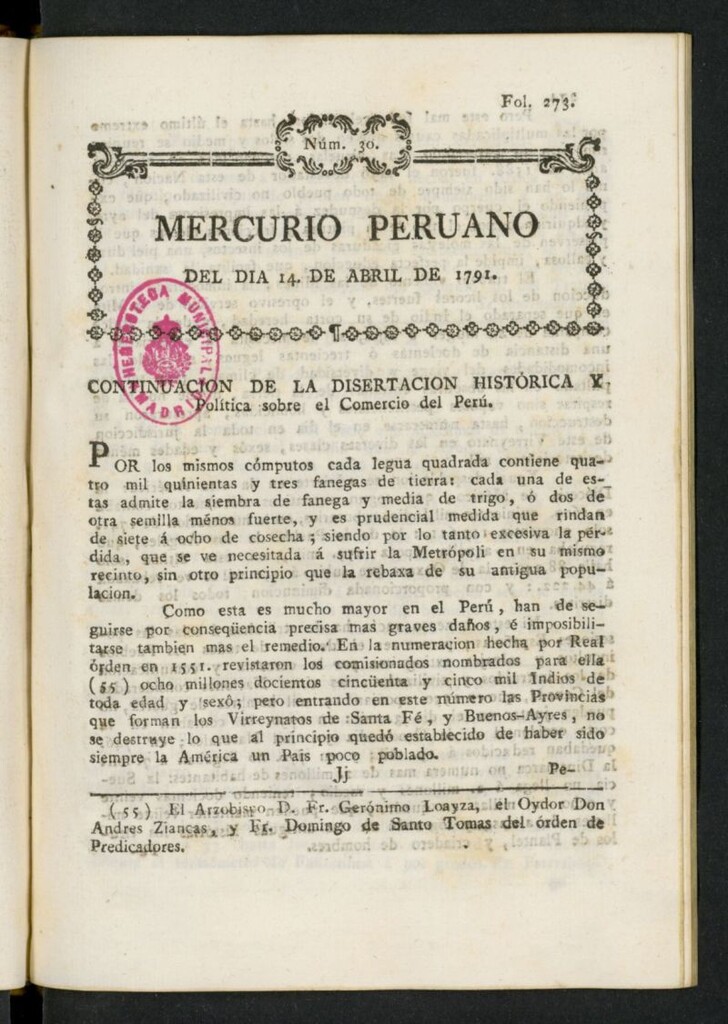 Miniatura de Mercurio Peruano de Historia, Literatura y Noticias Públicas del 14 de abril de 1791