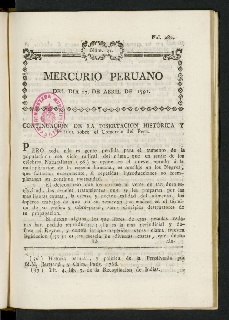 Miniatura de Mercurio Peruano de Historia, Literatura y Noticias Públicas del 17 de abril de 1791