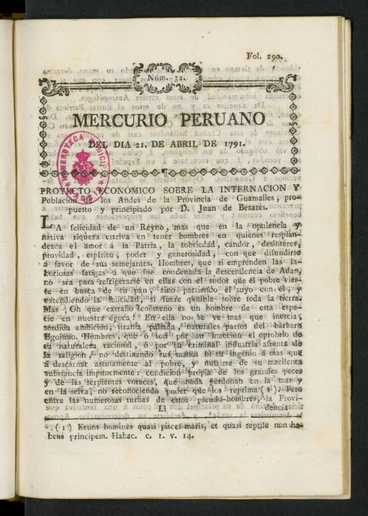 Miniatura de Mercurio Peruano de Historia, Literatura y Noticias Públicas del 21 de abril de 1791