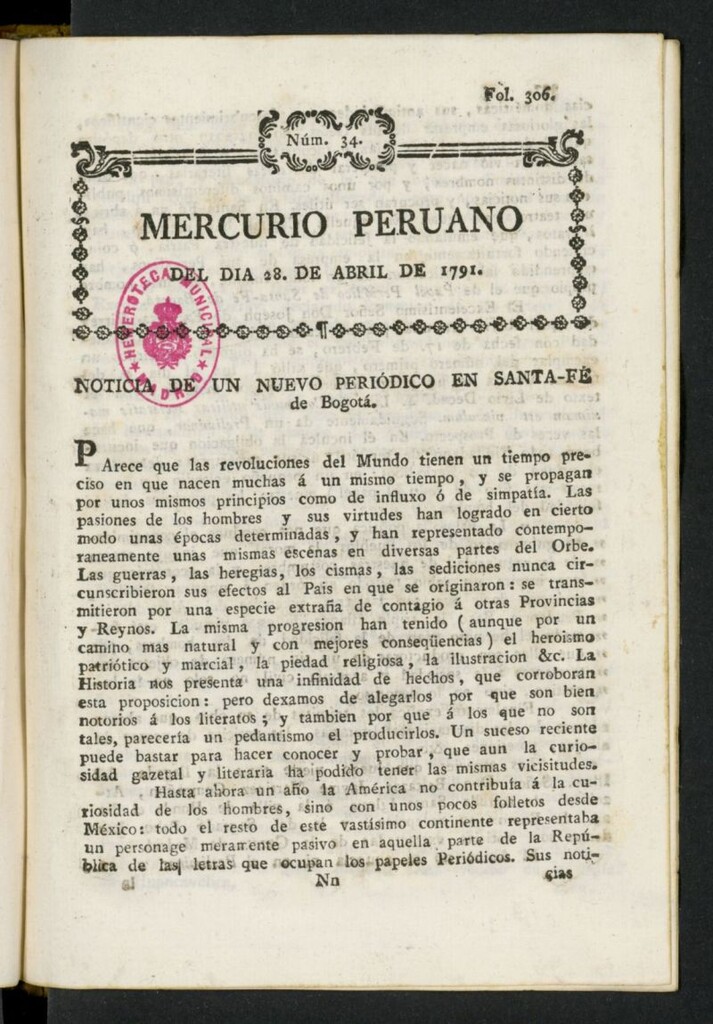 Miniatura de Mercurio Peruano de Historia, Literatura y Noticias Públicas del 28 de abril de 1791