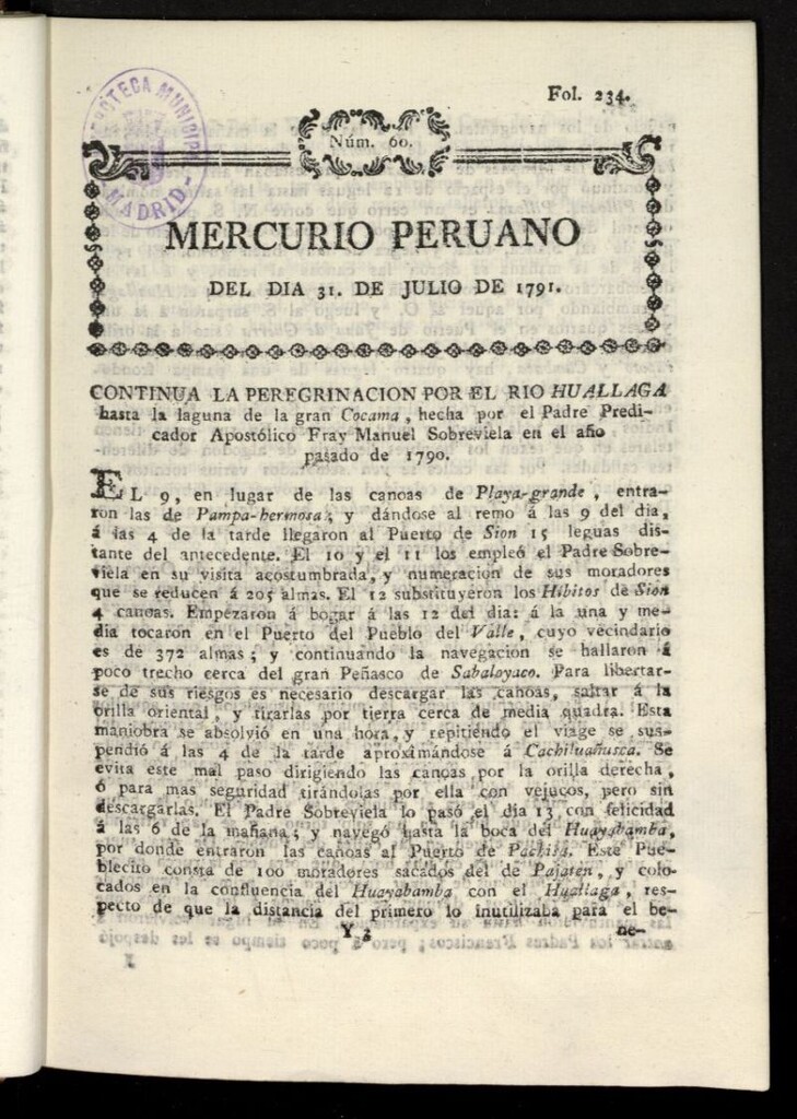 Miniatura de Mercurio Peruano de Historia, Literatura y Noticias Públicas del 31 de julio de 1791