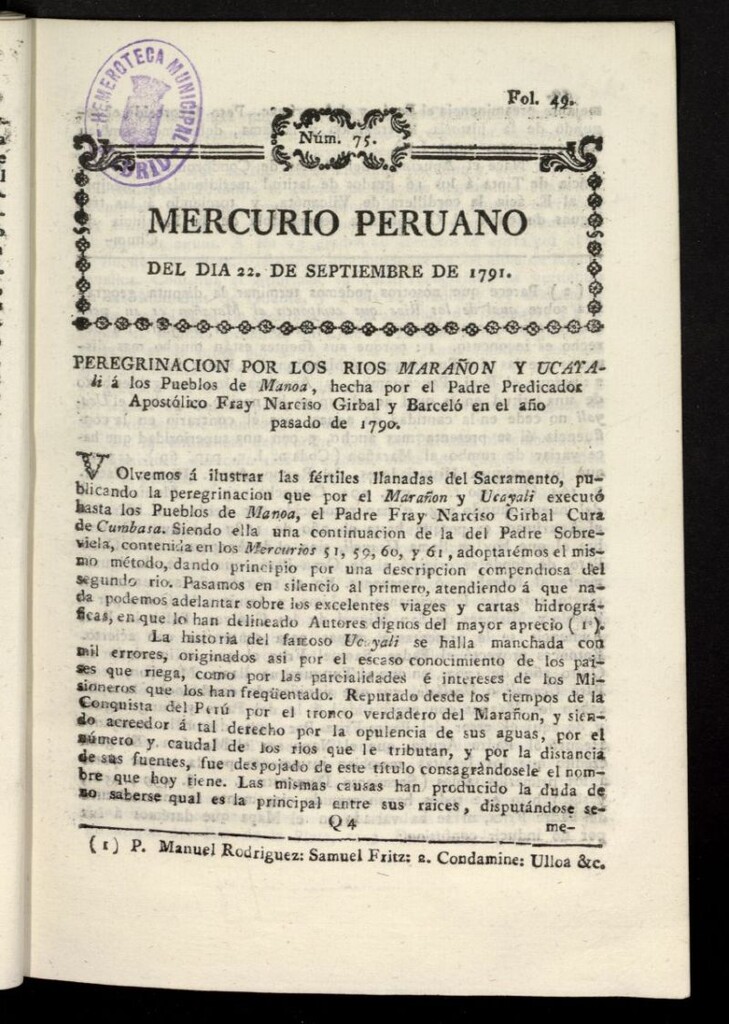 Miniatura de Mercurio Peruano de Historia, Literatura y Noticias Públicas del 22 de septiembre de 1791