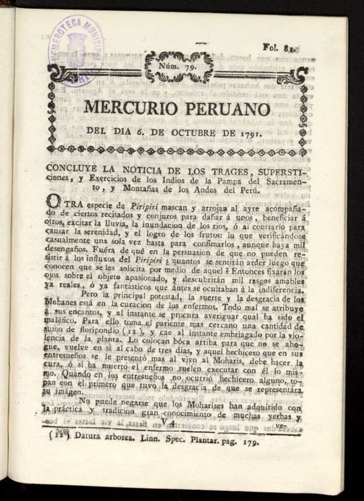 Miniatura de Mercurio Peruano de Historia, Literatura y Noticias Públicas del 6 de octubre de 1791