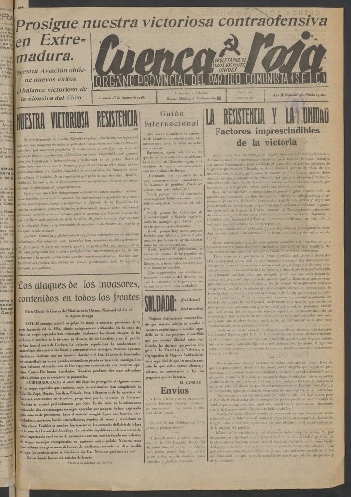 Miniatura de Cuenca Roja : órgano del Partido Comunista del 27 de agosto de 1938