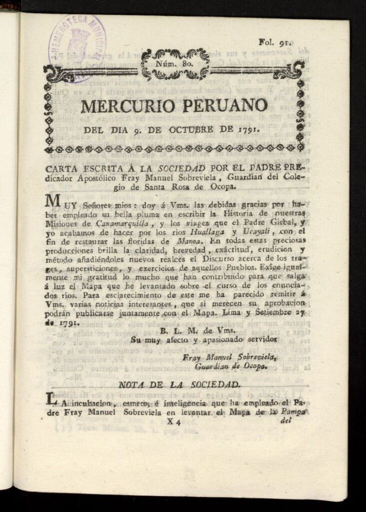 Miniatura de Mercurio Peruano de Historia, Literatura y Noticias Públicas del 9 de octubre de 1791