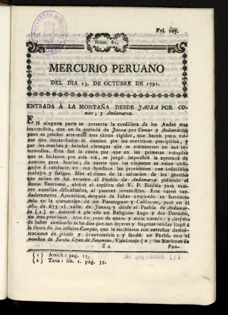 Miniatura de Mercurio Peruano de Historia, Literatura y Noticias Públicas del 13 de octubre de 1791