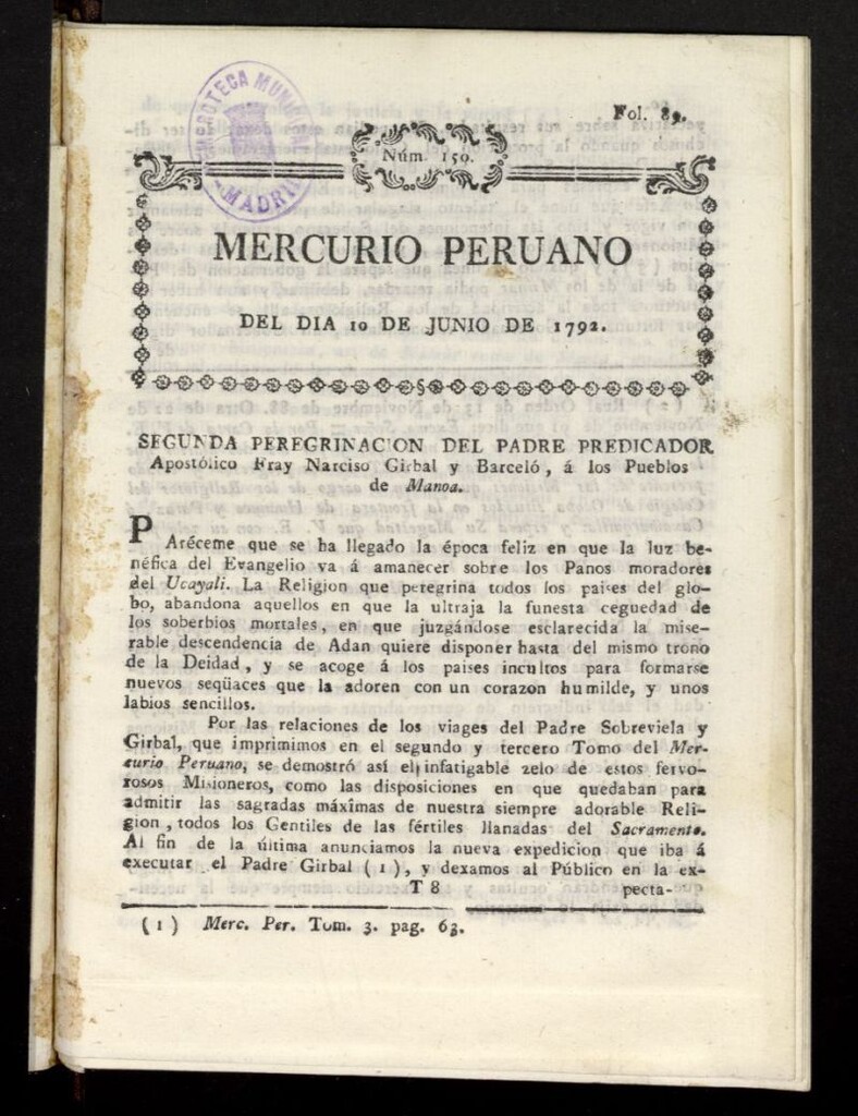 Miniatura de Mercurio Peruano de Historia, Literatura y Noticias Públicas del 10 de junio de 1792