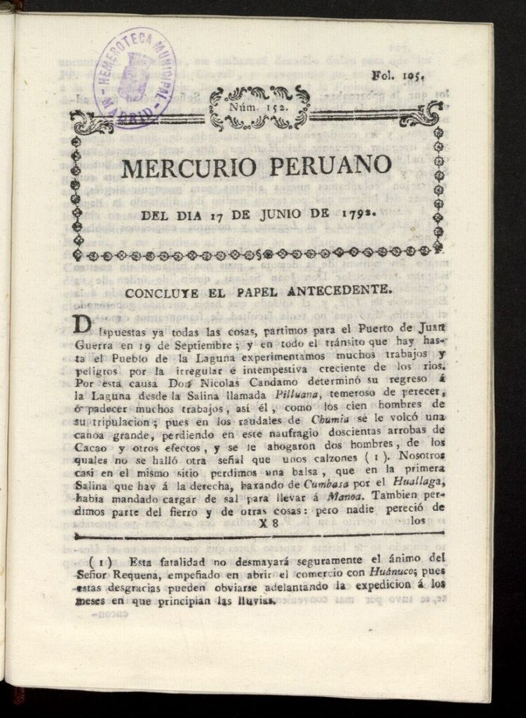 Miniatura de Mercurio Peruano de Historia, Literatura y Noticias Públicas del 17 de junio de 1792