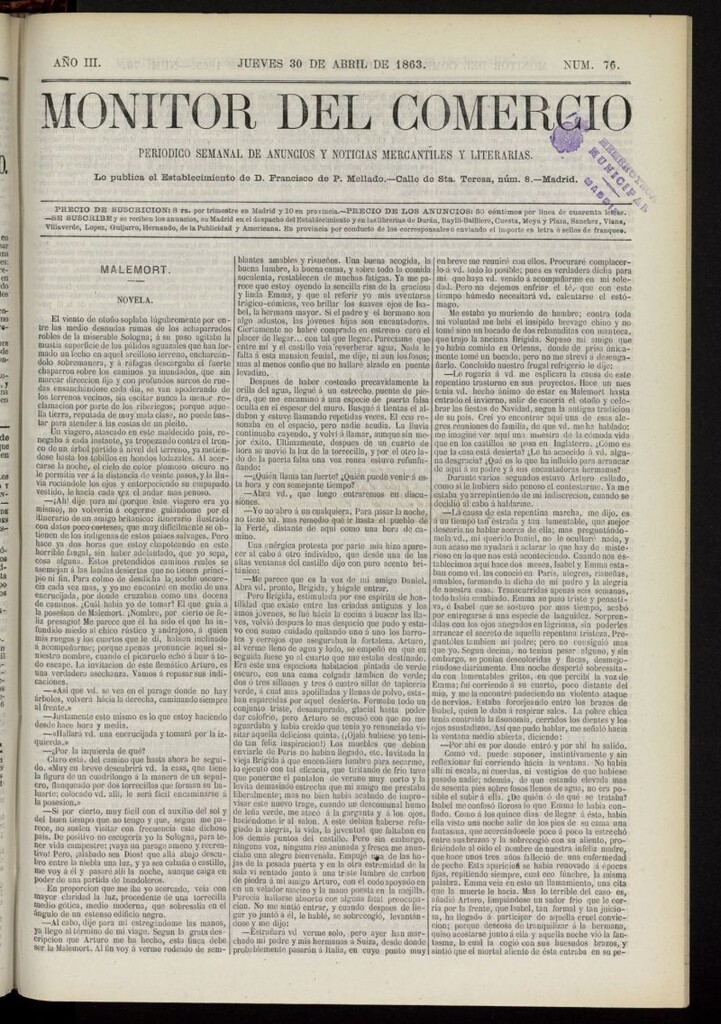 Miniatura de Monitor del Comercio del 30 de abril de 1863, nº 76