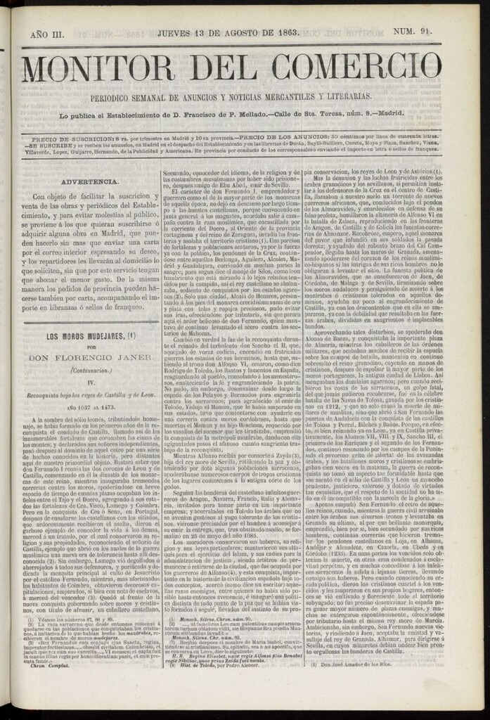 Miniatura de Monitor del Comercio del 13 de agosto de 1863, nº 91