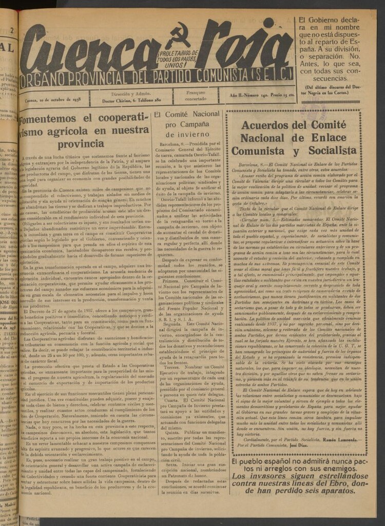 Miniatura de Cuenca Roja : órgano del Partido Comunista del 10 de octubre de 1938