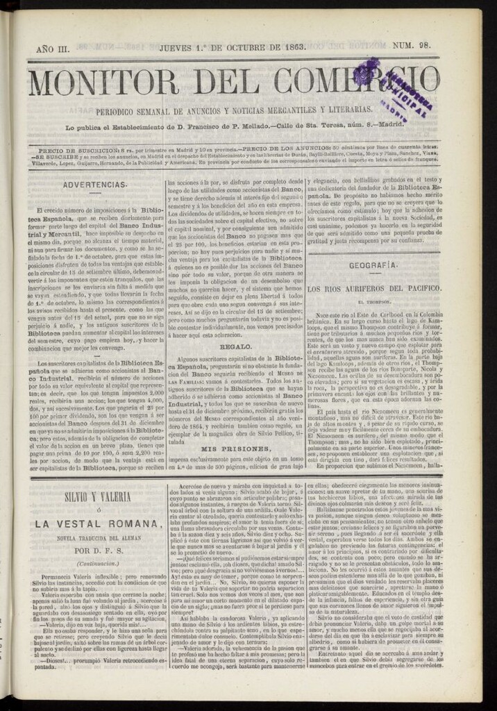 Miniatura de Monitor del Comercio del 1 de octubre de 1863, nº 98