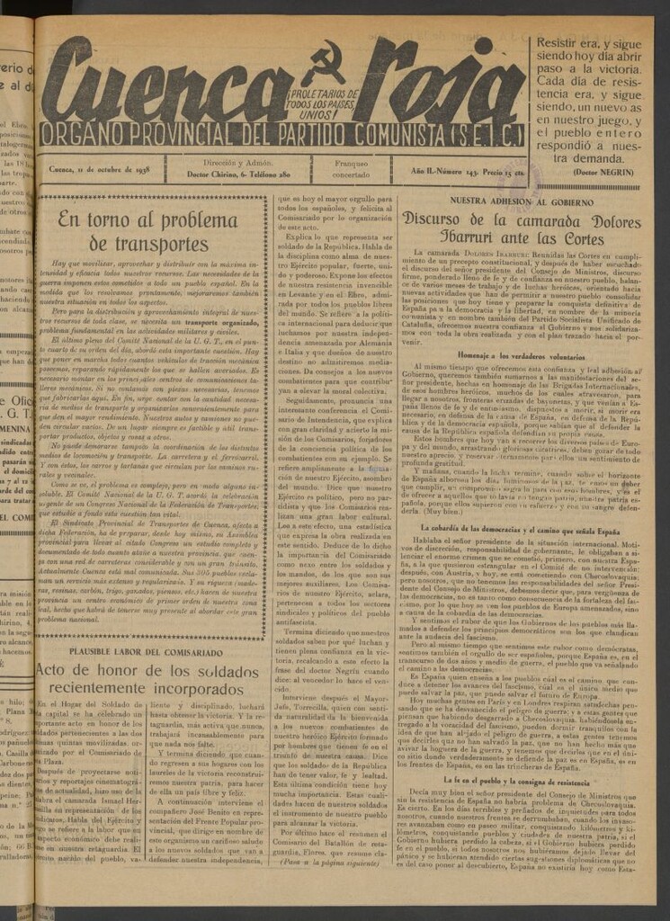 Miniatura de Cuenca Roja : órgano del Partido Comunista del 11 de octubre de1938