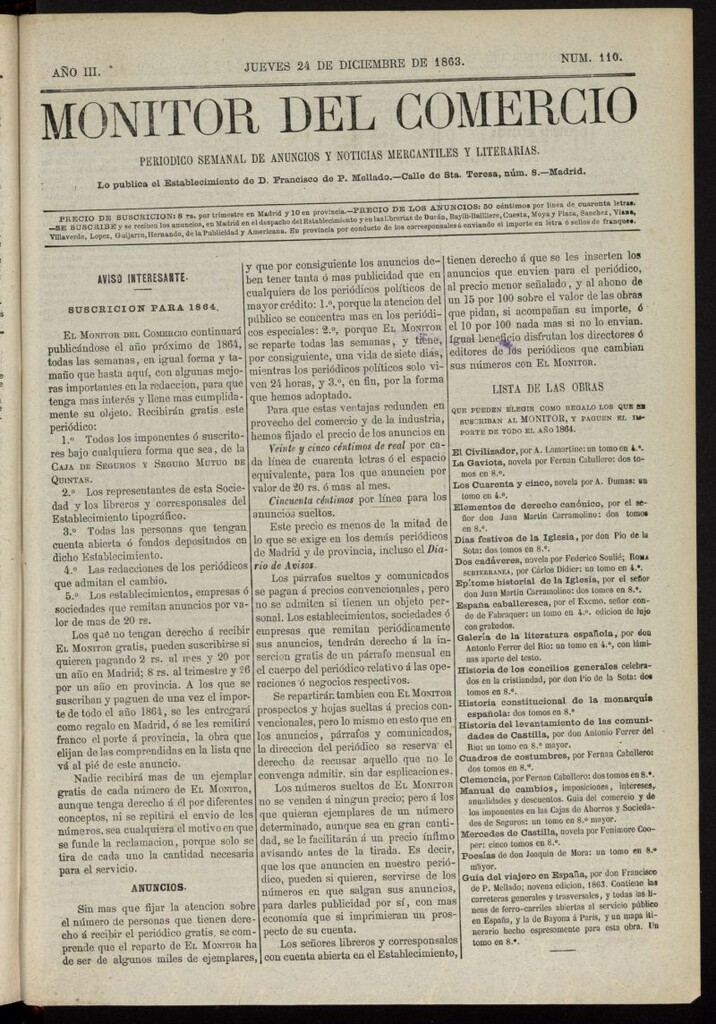 Miniatura de Monitor del Comercio del 24 de diciembre de 1863, nº 110