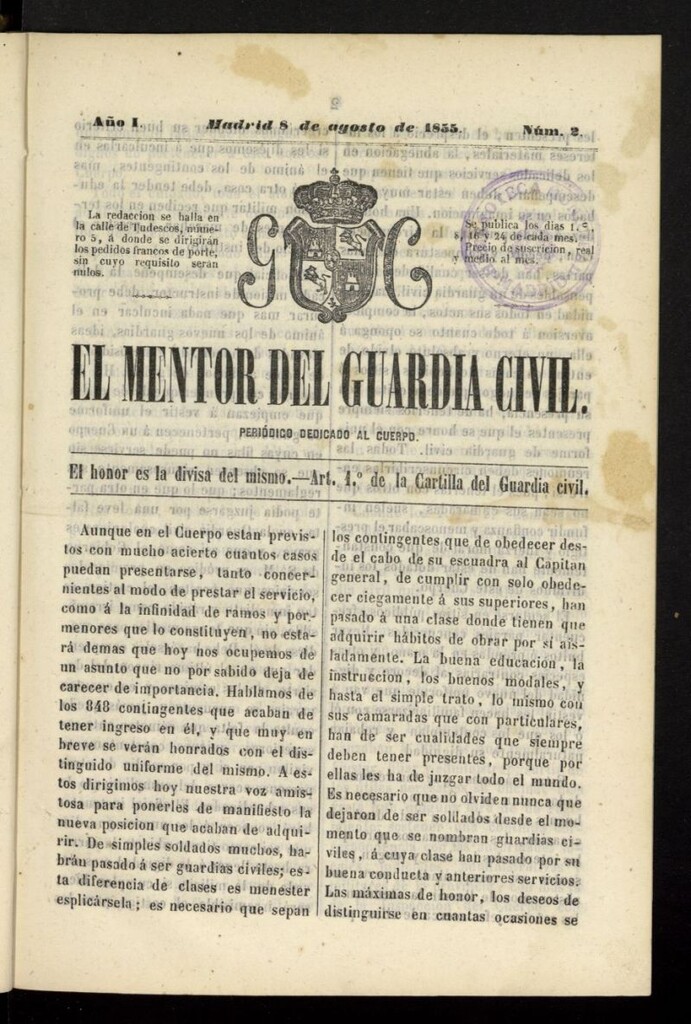 Miniatura de El mentor del Guardia Civil: periódico dedicado al cuerpo del 8 de agosto de 1855, nº 2