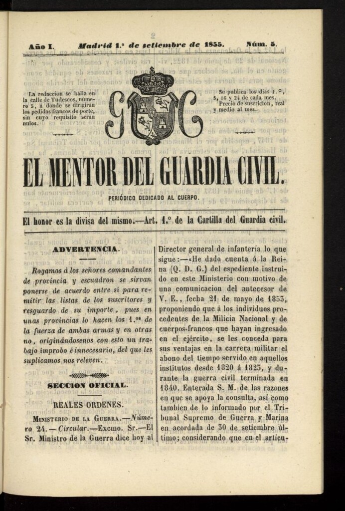 Miniatura de El mentor del Guardia Civil: periódico dedicado al cuerpo del 1 de septiembre de 1855, nº 5