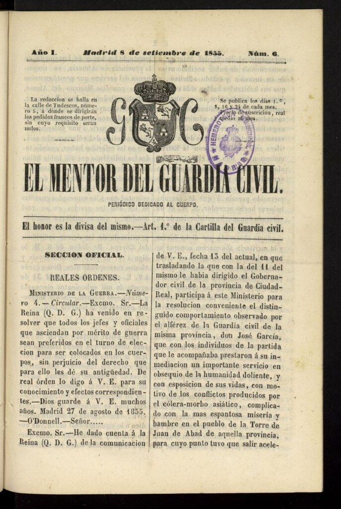 Miniatura de El mentor del Guardia Civil: periódico dedicado al cuerpo del 8 de septiembre de 1855, nº 6