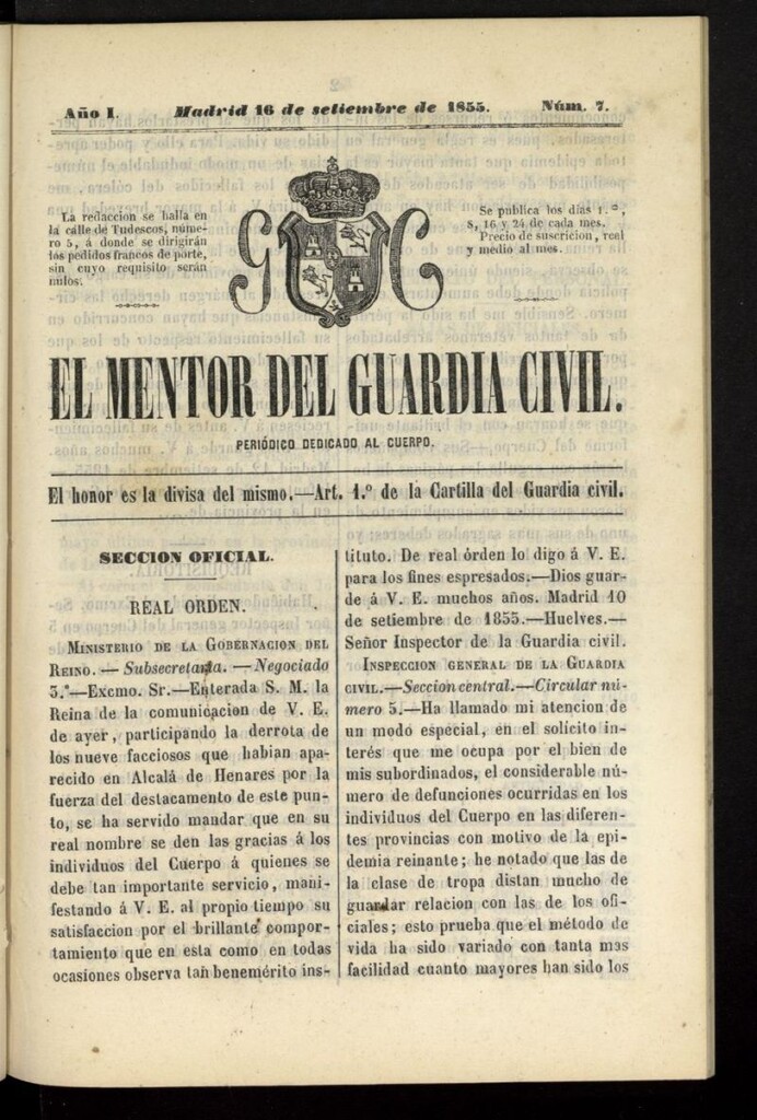 Miniatura de El mentor del Guardia Civil: periódico dedicado al cuerpo del 16 de septiembre de 1855, nº 7