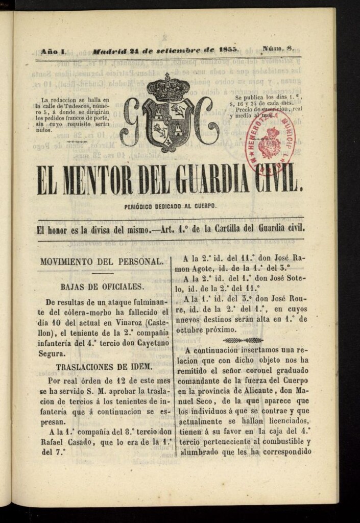 Miniatura de El mentor del Guardia Civil: periódico dedicado al cuerpo del 24 de septiembre de 1855, nº 8