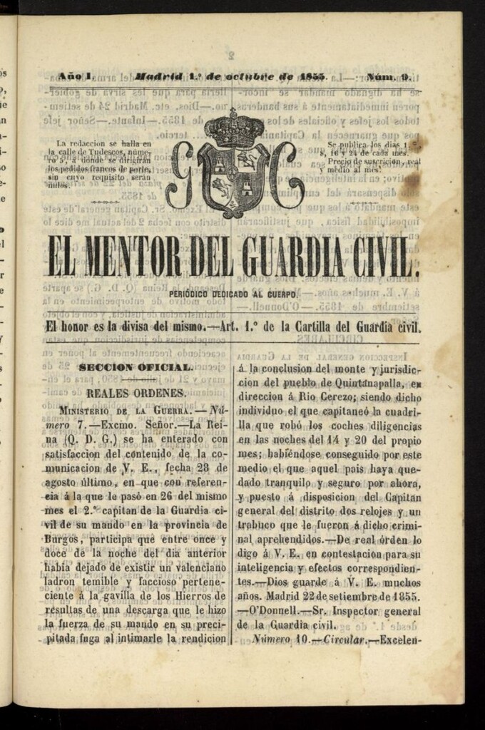 Miniatura de El mentor del Guardia Civil: periódico dedicado al cuerpo del 1 de octubre de 1855, nº 9