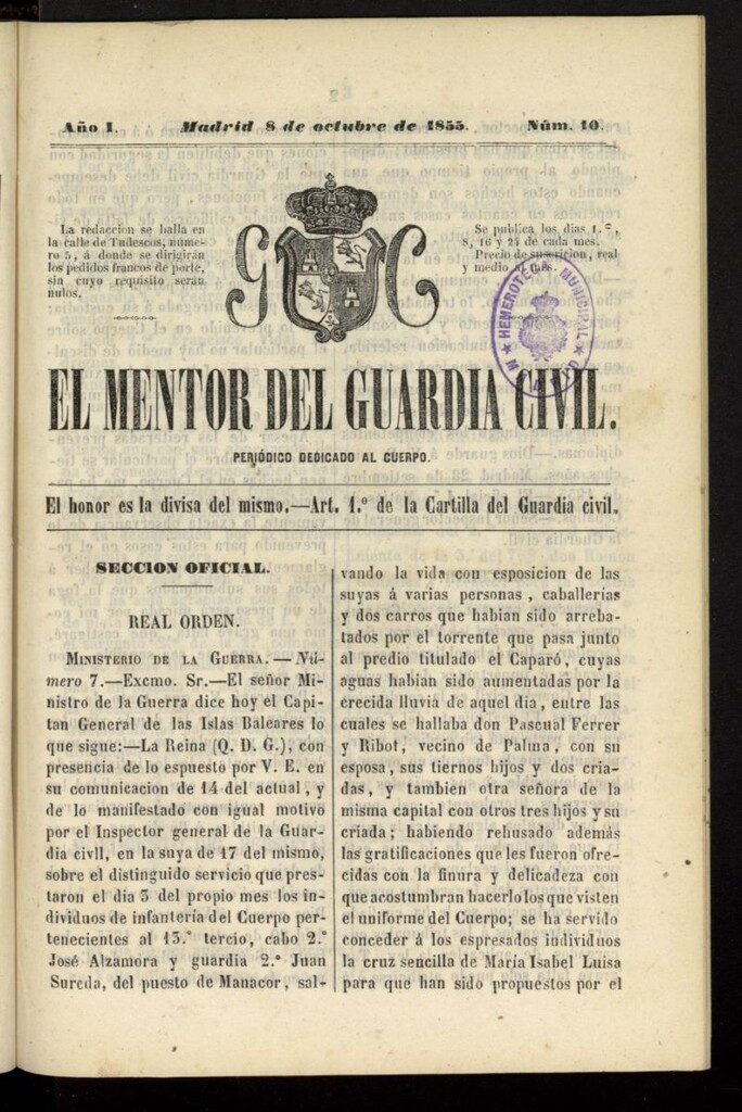 Miniatura de El mentor del Guardia Civil: periódico dedicado al cuerpo del 8 de octubre de 1855, nº 10
