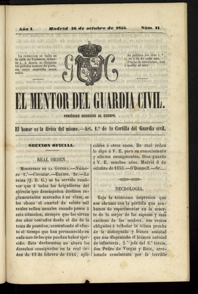 Miniatura de El mentor del Guardia Civil: periódico dedicado al cuerpo del 16 de octubre de 1855, nº 11