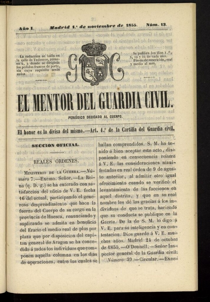 Miniatura de El mentor del Guardia Civil: periódico dedicado al cuerpo del 1 de noviembre de 1855, nº 13